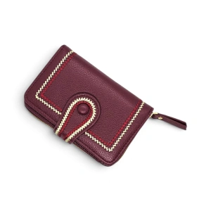 Portofel Dama Compact cu Cusături Decorative – Piele Ecologică Rosie (B2B / En-Gros) (2)