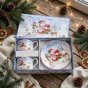 Set Cadou 2 Căni din Ceramică / Porțelan cu Farfurioare și Cutie Decorativă – Ilustrație Festivă Om de Zăpadă și Animăluțe En-Gros (A4-11) - Img 2
