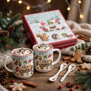 Set Cadou 2 Căni din Porțelan / Ceramică cu Lingurițe și Cutie Decorativă – Ilustrație Festivă Spiriduși / Pitici de Crăciun En-Gros (A4-14) - Img 2