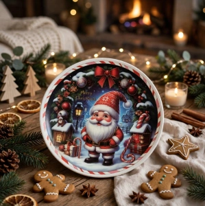 Suport Decorativ Rotund / Platou Festiv de Crăciun – Imprimeu Moș Crăciun, Coroană de Brad și Acadele - En-Gros (A7-13) - Img 2
