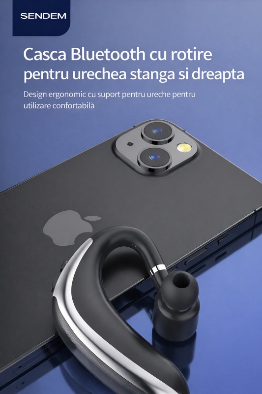Cască Bluetooth SENDEM E87, handsfree cu cârlig rotativ 180°, autonomie până la 13 ore, compatibilă stânga/dreapta - Img 5