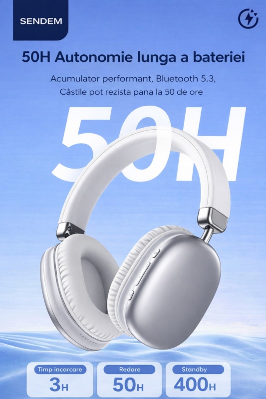 Casti Bluetooth SENDEM K37, over-ear, Bluetooth 5.3, autonomie pana la 50 ore, difuzoare 40 mm, microSD - Img 3