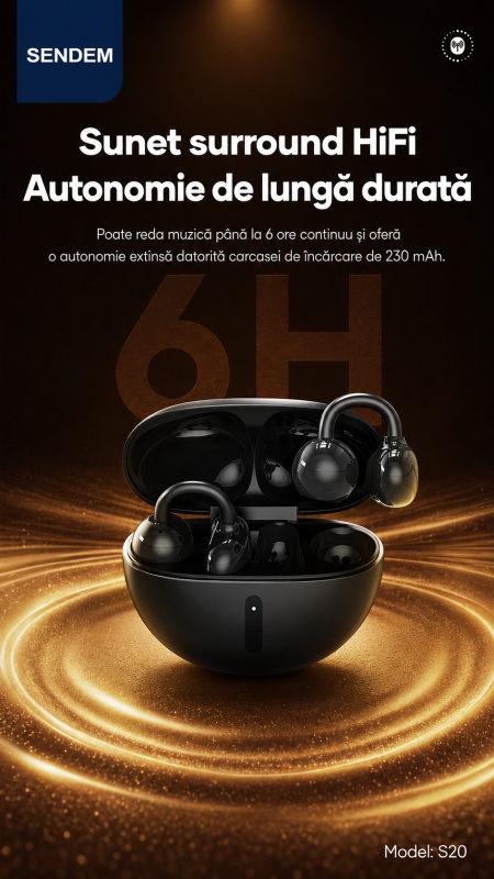 Căști Bluetooth SENDEM S20 Spark Series, ear-clip, Bluetooth 5.4, autonomie până la 6 ore, carcasă 230mAh, control tactil - Img 2
