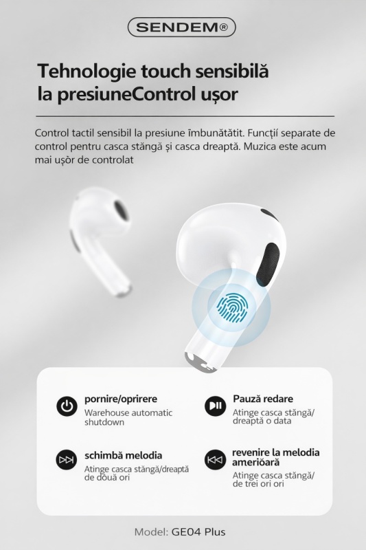 Căști wireless SENDEM GE04 Plus Bluetooth 5.1, control touch, detectare în ureche, încărcare wireless Qi, autonomie 4.5h - Img 2