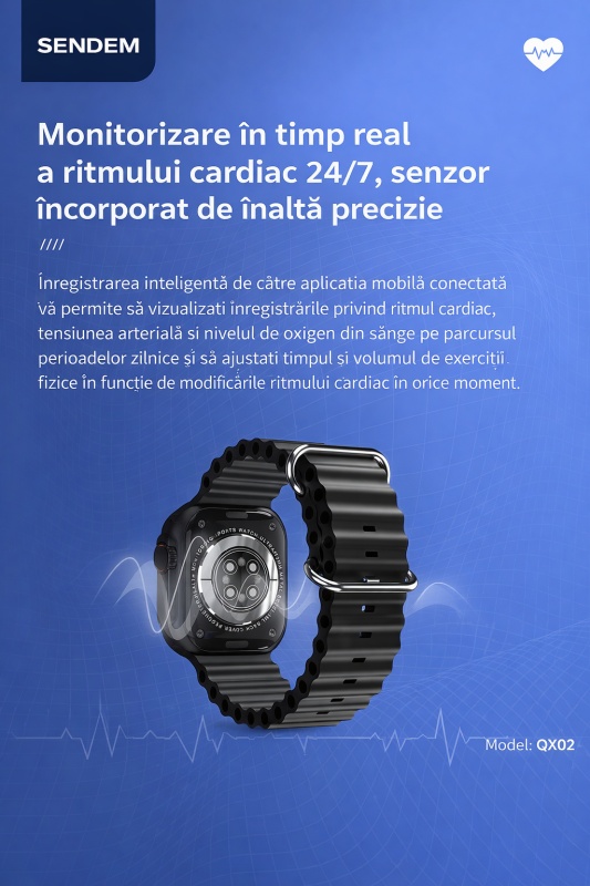 Ceas smartwatch SENDEM QX02 GW8 Ultra, 2.2 inch, NFC, monitorizare ritm cardiac, incarcare magnetica, negru/portocaliu/alb - Img 5