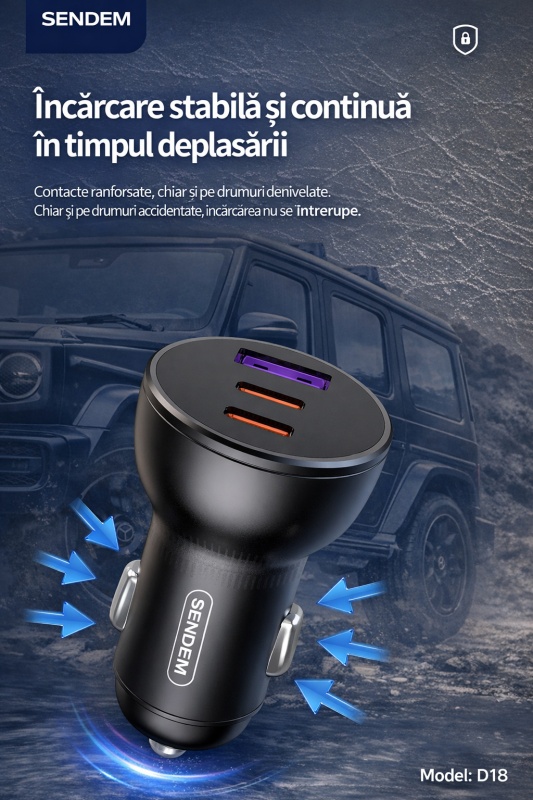 Incarcator auto rapid SENDEM D18 200W, 3 porturi, 2x USB-C PD 30W + 1x USB QC 18W, fast charge - Img 2