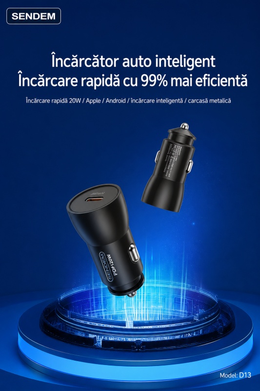 Încărcător auto SENDEM D13, PD 20W, Type-C, cu cablu textil Type-C to Lightning inclus, negru - Img 4