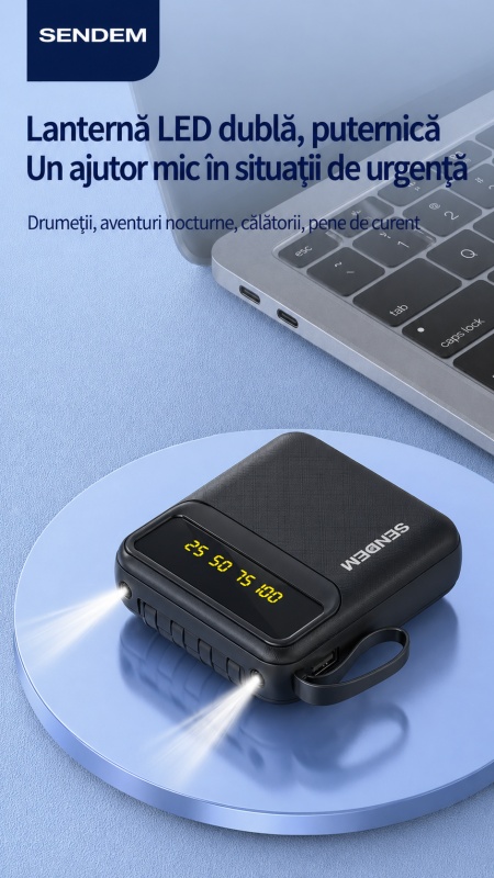 Power Bank SENDEM P302 10000mAh cu Cabluri Integrate, Afisaj LED, Lanterna LED - Img 2