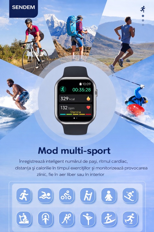 Smartwatch SENDEM N9 MAX cu apel Bluetooth, incarcare wireless, moduri sportive multiple, monitorizare somn si ritm cardiac - Img 4