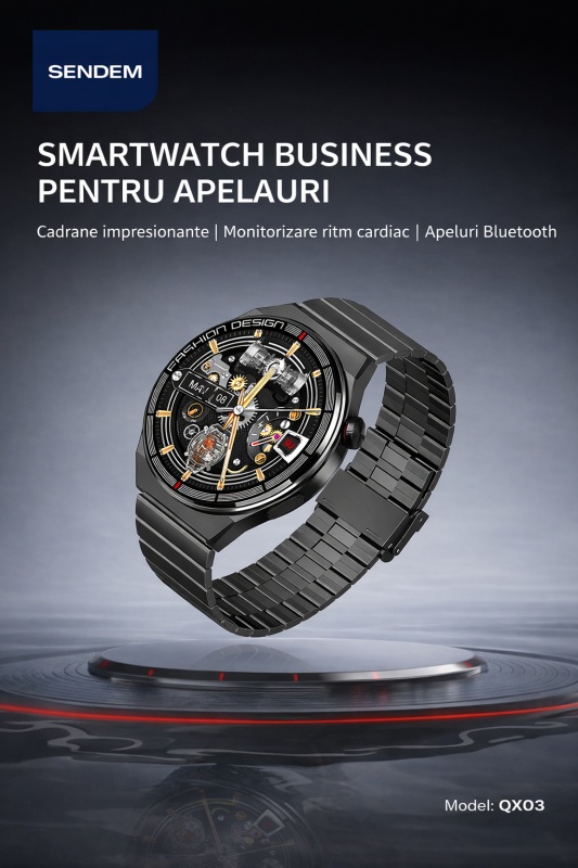 Smartwatch SENDEM QX03, ecran 1.45 inch, apeluri Bluetooth, ritm cardiac, IP67, încărcare wireless, 3 curele incluse - Img 3