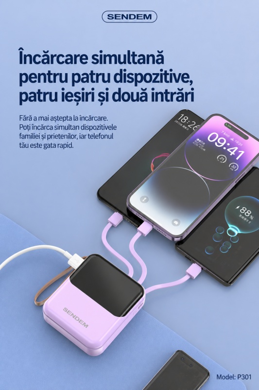 Baterie externă SENDEM P301, 10000mAh, 4 cabluri integrate, afișaj LED, lanternă dublă, USB-C, Lightning, Micro USB - Img 3