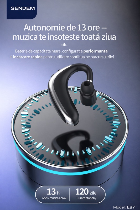 Cască Bluetooth SENDEM E87, handsfree cu cârlig rotativ 180°, autonomie până la 13 ore, compatibilă stânga/dreapta - Img 2