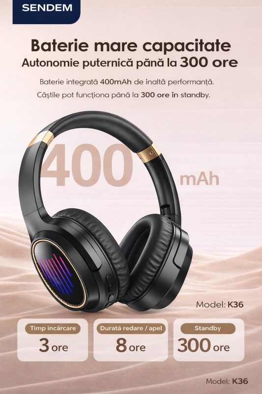 Casti Bluetooth SENDEM K36 Over-Ear, Bluetooth 5.3, difuzoare 40 mm, pliabile 90°, autonomie 8 ore, standby 300 ore - Img 4