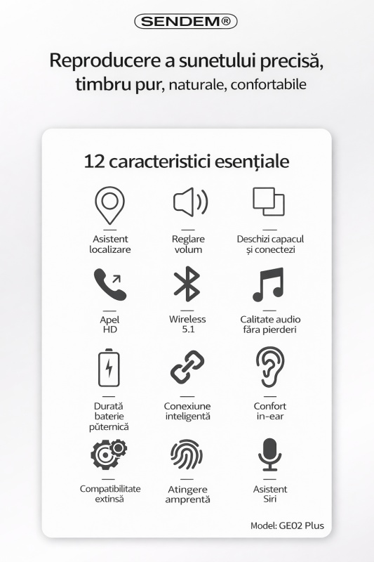 Căști Wireless SENDEM GE02 Plus, Bluetooth 5.1, control tactil, autonomie 3.5 ore, carcasă de încărcare - Img 5
