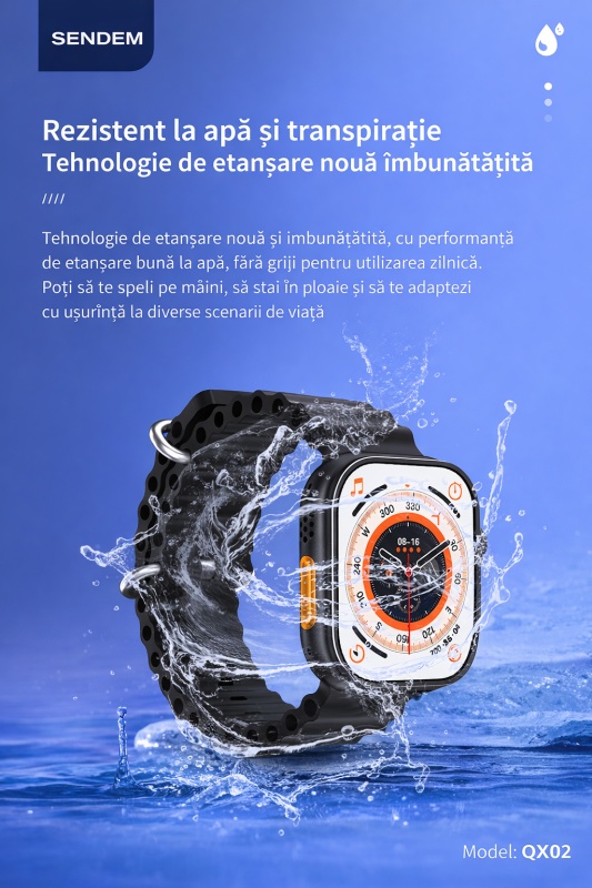 Ceas smartwatch SENDEM QX02 GW8 Ultra, 2.2 inch, NFC, monitorizare ritm cardiac, incarcare magnetica, negru/portocaliu/alb - Img 2