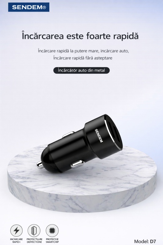 Incarcator auto SENDEM D7, 2 x USB, 3.4A, incarcare rapida, carcasa metalica, 12V-24V, negru/gri - Img 3