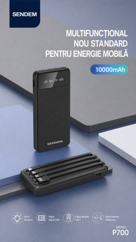 Power bank SENDEM P700 negru, 10000mAh, cabluri integrate Micro USB / Type-C / Lightning, afișaj LED, încărcare simultană - Img 2