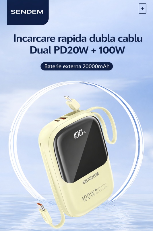 Power Bank SENDEM PH58 20000mAh 100W cu Cabluri Integrate si Afisaj Digital - Img 2