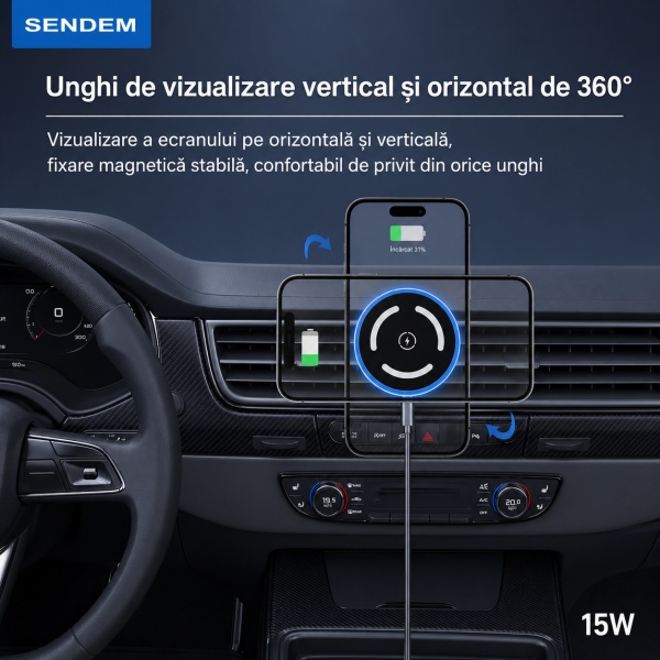 Suport auto magnetic SENDEM W15 cu încărcare wireless 15W, prindere pe grila de ventilație și cu lipire pe bord, rotație 360°, Type-C, compatibil iPhone - Img 4