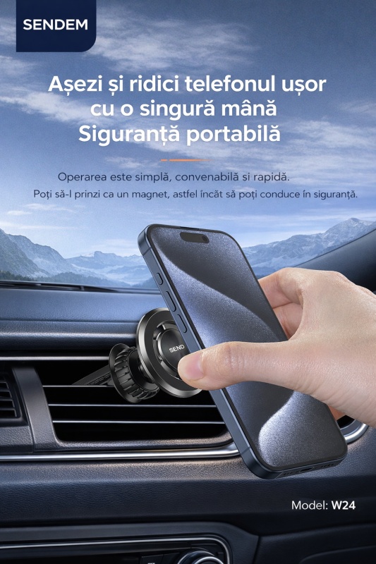 Suport auto magnetic telefon SENDEM W24 pentru grila de ventilație, metalic, rotire 360°, negru - Img 3