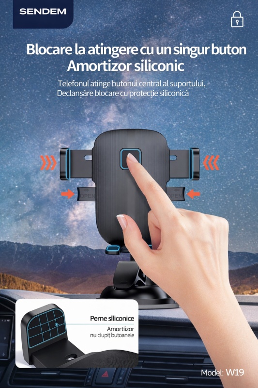Suport auto telefon SENDEM W19 cu ventuza, rotatie 360°, compatibil 3.5-7 inch, negru - Img 5