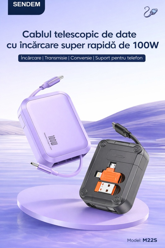 Cablu retractabil multifunctional SENDEM M22S 100W 1m cu suport telefon, USB, Type-C, Lightning si Micro USB - Img 2