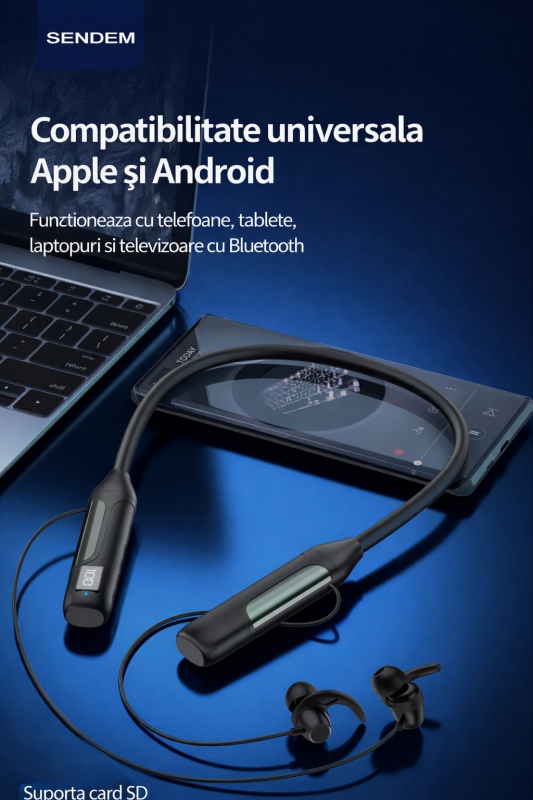 Căști Bluetooth Neckband SENDEM E47, display LED, suport card SD, magnetice, rezistente la transpirație - Img 4