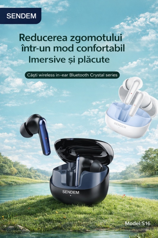 Casti wireless Bluetooth 5.3 SENDEM S16, TWS, reducere pasiva a zgomotului, autonomie pana la 20 ore, negru - Img 4