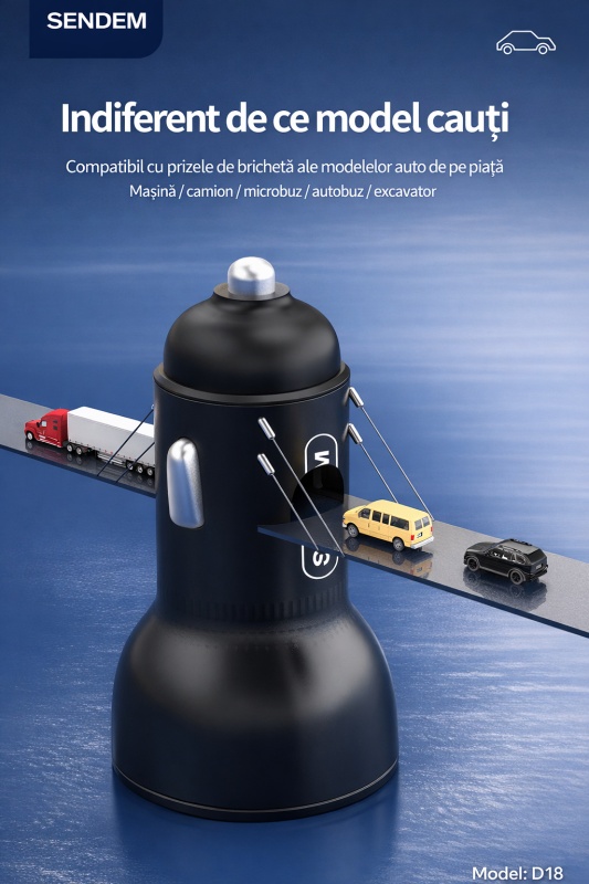 Incarcator auto rapid SENDEM D18 200W, 3 porturi, 2x USB-C PD 30W + 1x USB QC 18W, fast charge - Img 6