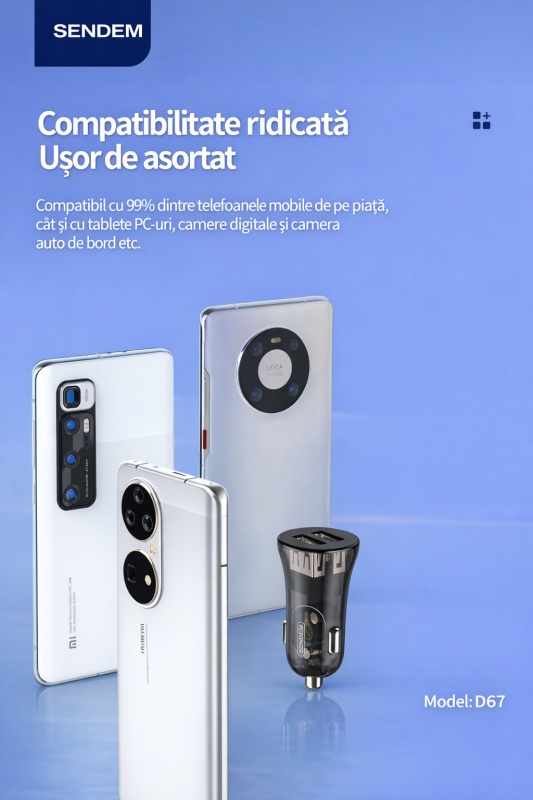 Incarcator auto SENDEM D67, 3.4A, dual USB, 12V/24V, mini transparent, negru - Img 5