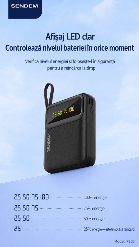 Power Bank SENDEM P302 10000mAh cu Cabluri Integrate, Afisaj LED, Lanterna LED - Img 6