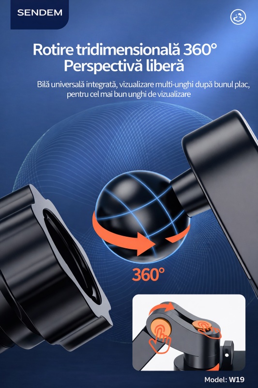 Suport auto telefon SENDEM W19 cu ventuza, rotatie 360°, compatibil 3.5-7 inch, negru - Img 2