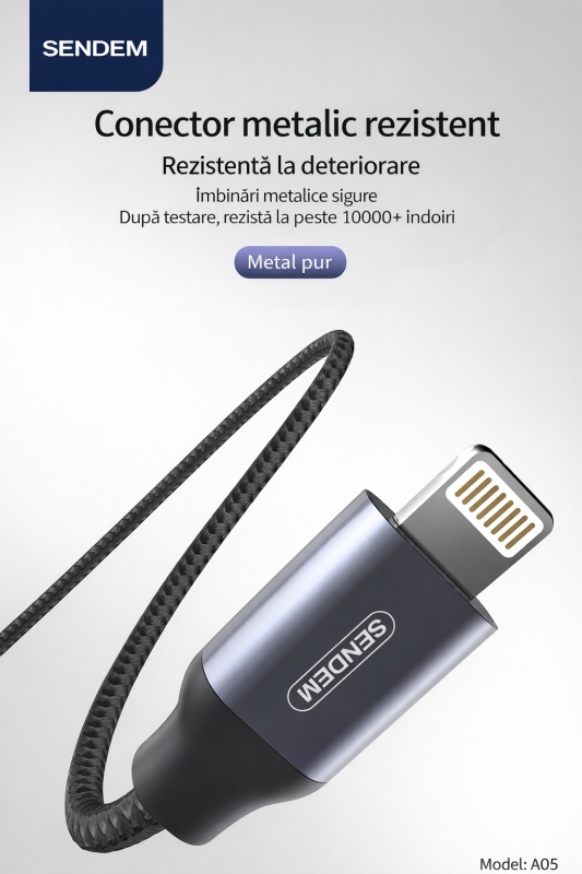Adaptor audio SENDEM A05 Lightning la Jack 3.5 mm pentru iPhone, cablu textil, mufa metalica, chip inteligent - Img 2