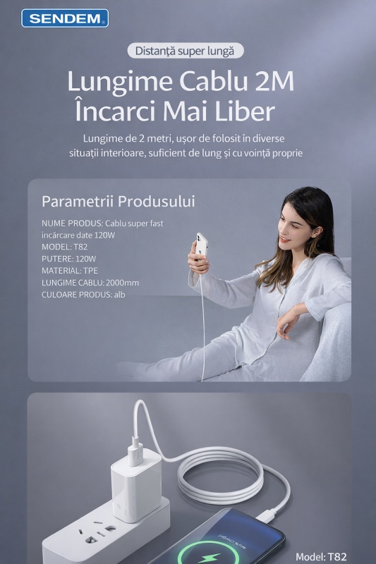 Cablu de date si incarcare rapida SENDEM T82 USB la Type-C, 2M, 6A, TPE, alb - Img 2