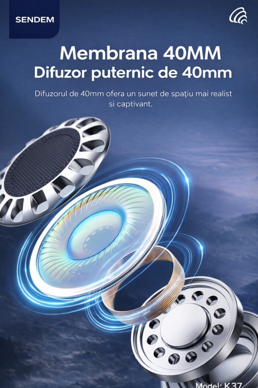 Casti Bluetooth SENDEM K37, over-ear, Bluetooth 5.3, autonomie pana la 50 ore, difuzoare 40 mm, microSD - Img 4