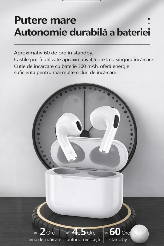 Căști wireless SENDEM GE04 Plus Bluetooth 5.1, control touch, detectare în ureche, încărcare wireless Qi, autonomie 4.5h - Img 3
