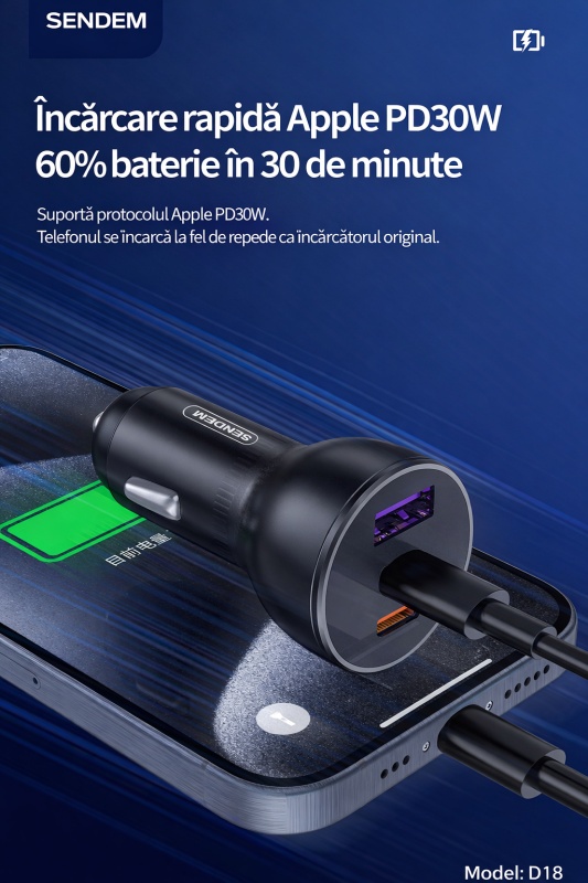Incarcator auto rapid SENDEM D18 200W, 3 porturi, 2x USB-C PD 30W + 1x USB QC 18W, fast charge - Img 3
