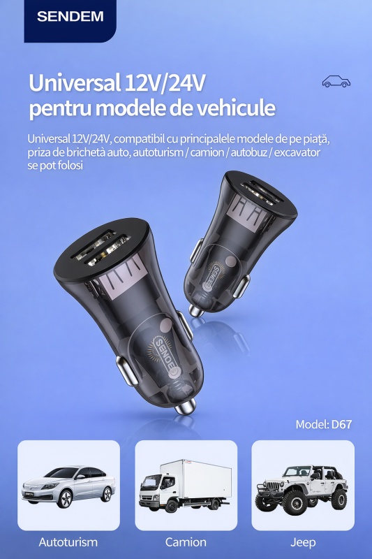 Incarcator auto SENDEM D67, 3.4A, dual USB, 12V/24V, mini transparent, negru - Img 2