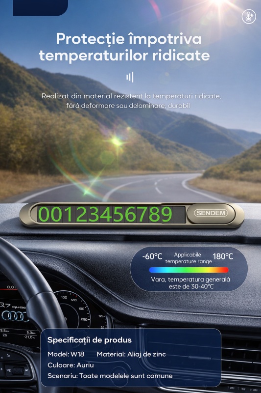 Numar de telefon auto temporar SENDEN W18, aliaj de zinc, montare magnetica, 6 seturi cifre, rezistent la temperaturi ridicate - Img 2