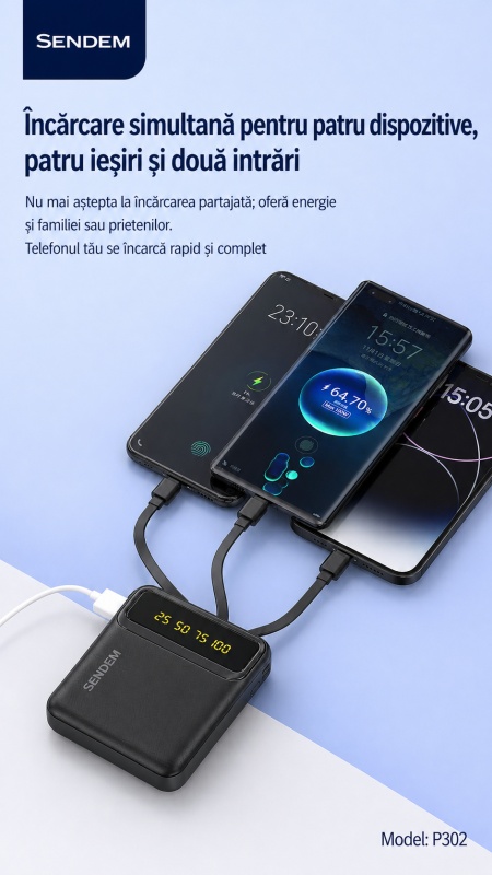 Power Bank SENDEM P302 10000mAh cu Cabluri Integrate, Afisaj LED, Lanterna LED - Img 3