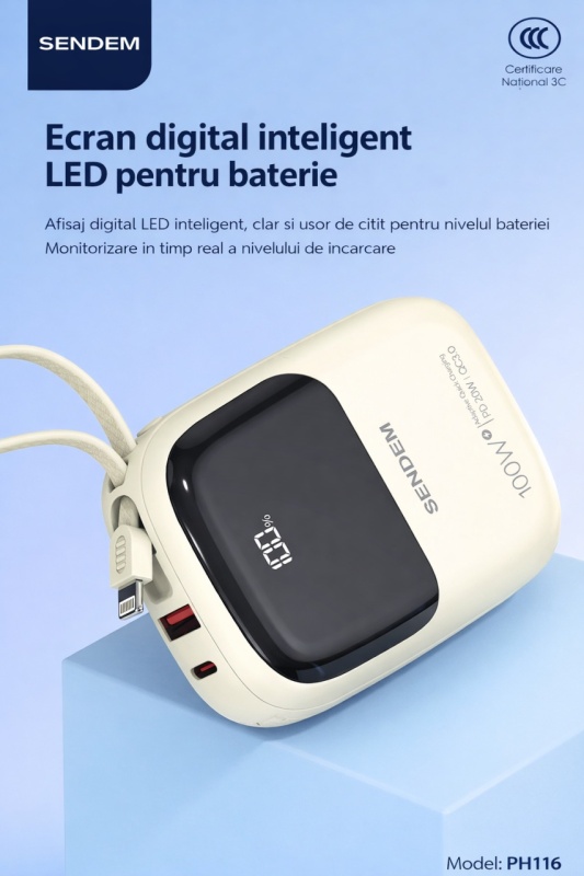Power Bank SENDEM PH116 10000mAh 100W cu Afisaj LED si Cabluri Integrate - Img 3