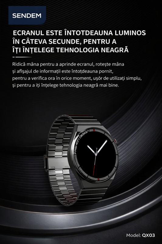 Smartwatch SENDEM QX03, ecran 1.45 inch, apeluri Bluetooth, ritm cardiac, IP67, încărcare wireless, 3 curele incluse - Img 4