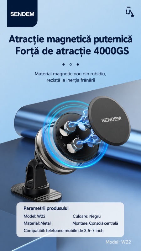 Suport auto magnetic SENDEM W22, rotire 360°, magnet 4000GS, bază adezivă, metal, negru - Img 4