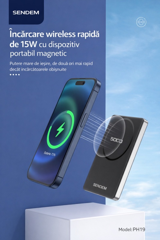Baterie Externa Magnetica SENDEM PH19 5000mAh, Incarcare Wireless 15W, USB-C 20W, Power Bank Slim pentru iPhone si Telefon Compatibil - Img 5