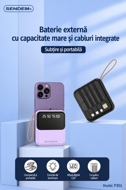 Baterie externă SENDEM P301, 10000mAh, 4 cabluri integrate, afișaj LED, lanternă dublă, USB-C, Lightning, Micro USB - Img 4
