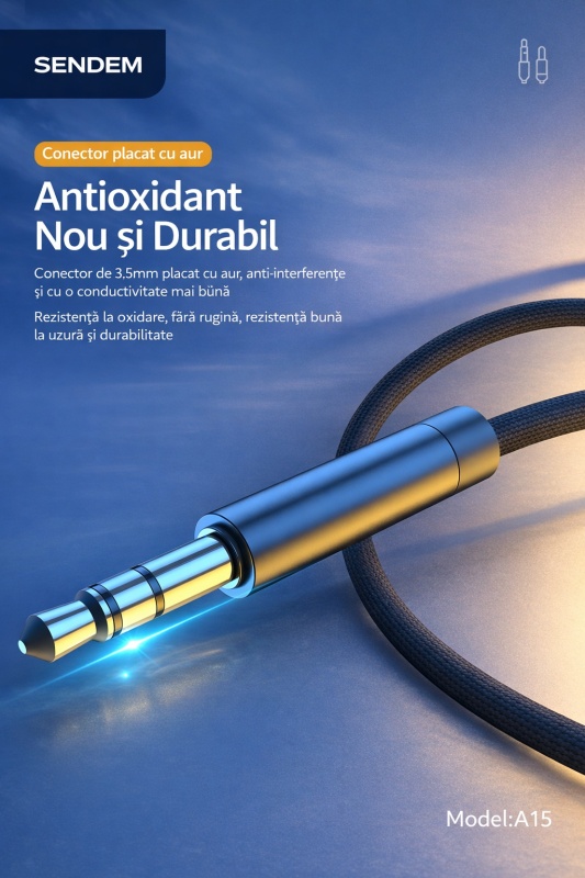 Cablu audio USB Type-C la jack 3.5mm SENDEM A15, AUX, mufa placata, fir textil rezistent, pentru telefon, masina, laptop si boxe - Img 4