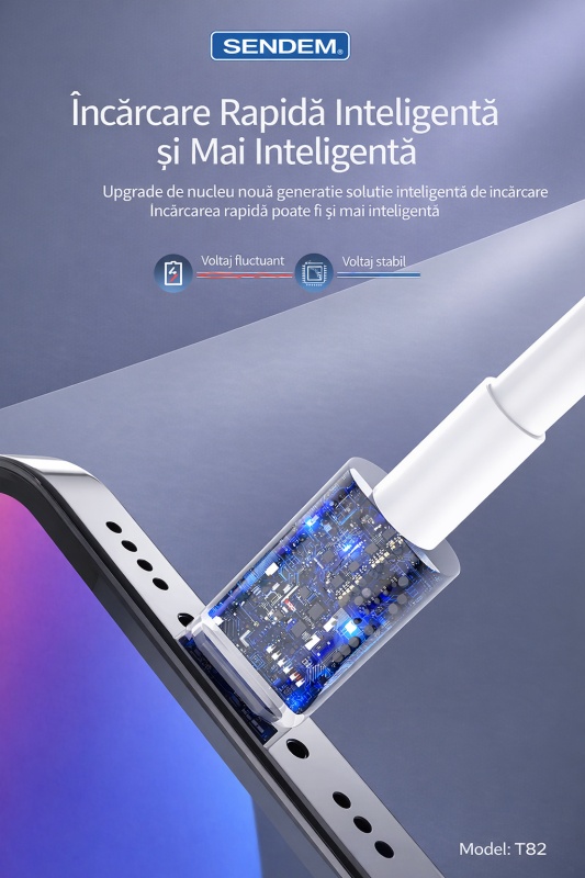Cablu de date si incarcare rapida SENDEM T82 USB la Lightning pentru iPhone, 2M, 6A, TPE, alb - Img 2