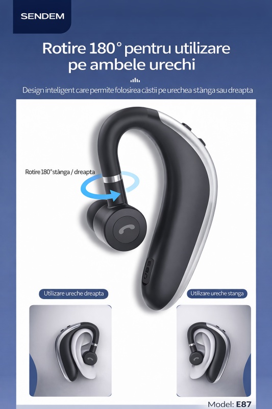 Cască Bluetooth SENDEM E87, handsfree cu cârlig rotativ 180°, autonomie până la 13 ore, compatibilă stânga/dreapta - Img 3
