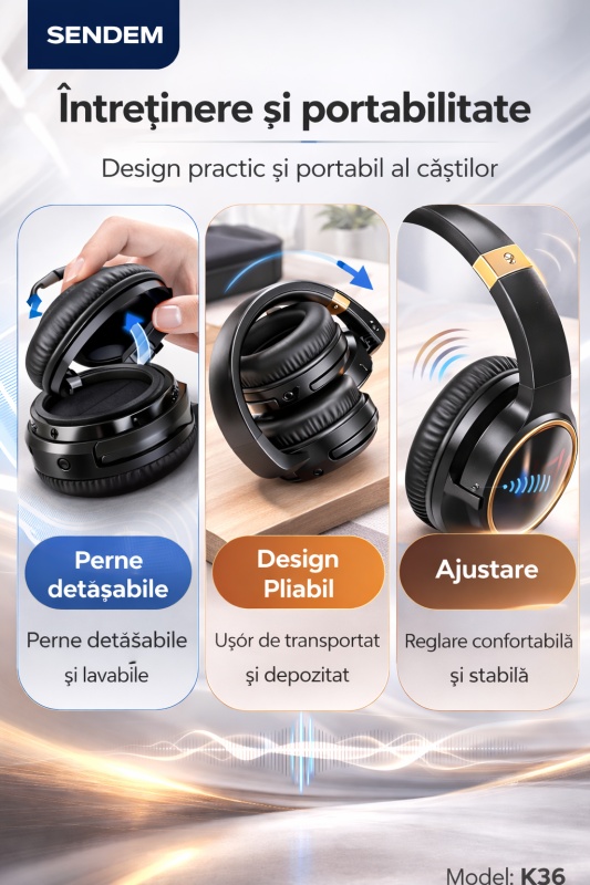 Casti Bluetooth SENDEM K36 Over-Ear, Bluetooth 5.3, difuzoare 40 mm, pliabile 90°, autonomie 8 ore, standby 300 ore - Img 5
