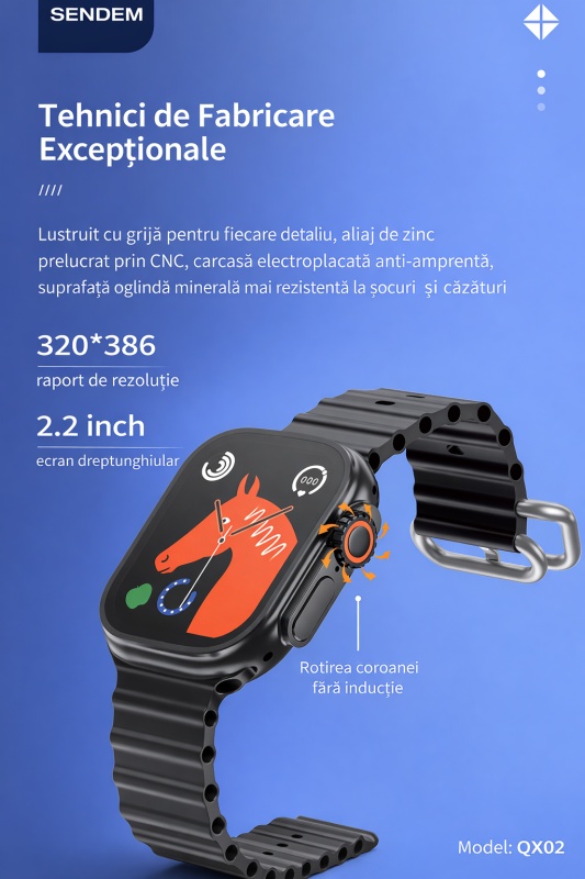 Ceas smartwatch SENDEM QX02 GW8 Ultra, 2.2 inch, NFC, monitorizare ritm cardiac, incarcare magnetica, negru/portocaliu/alb - Img 3